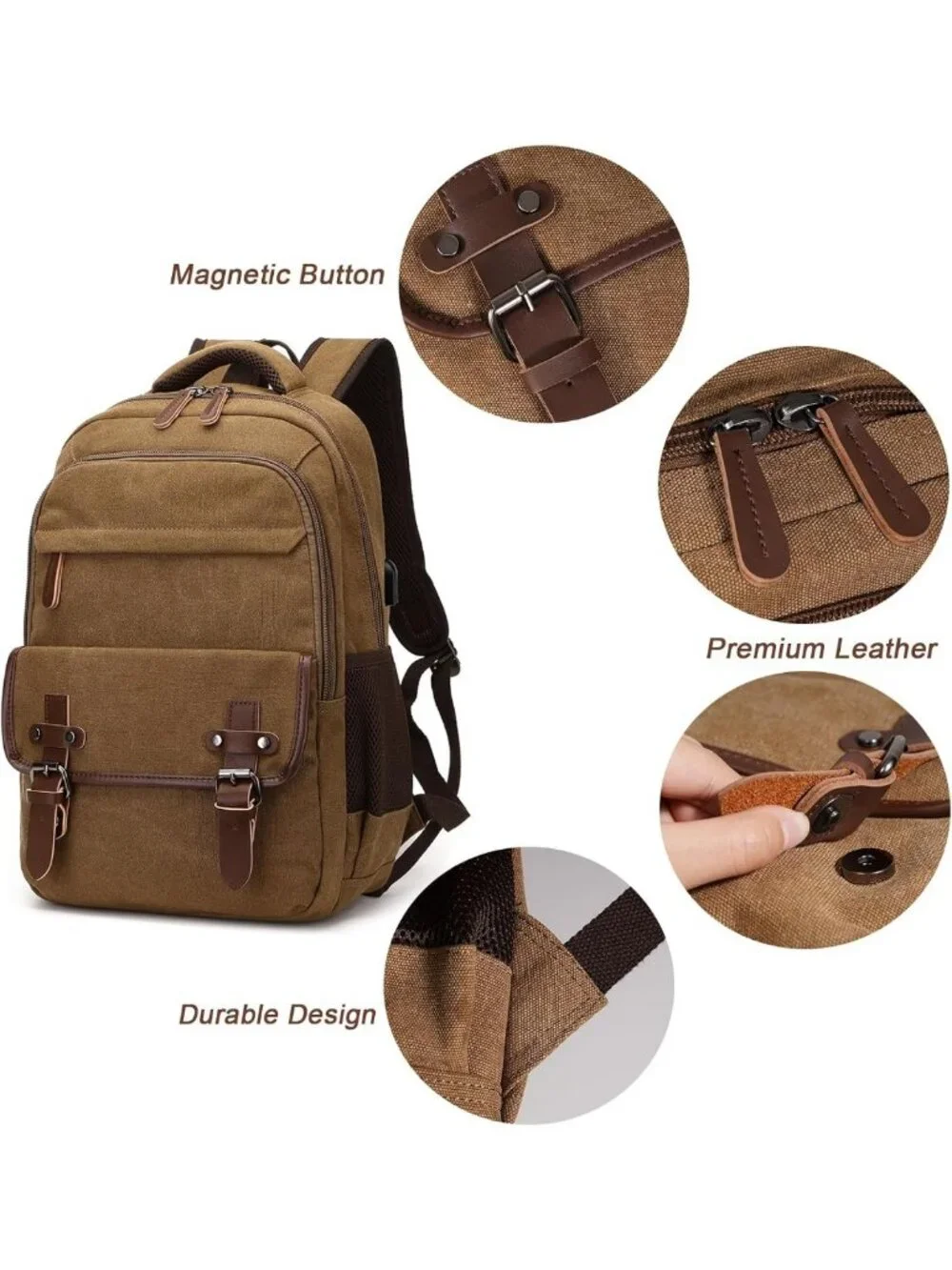 Vintage Canvas Laptop Backpack with USB Charging Port, Brown Travel Rucksack for